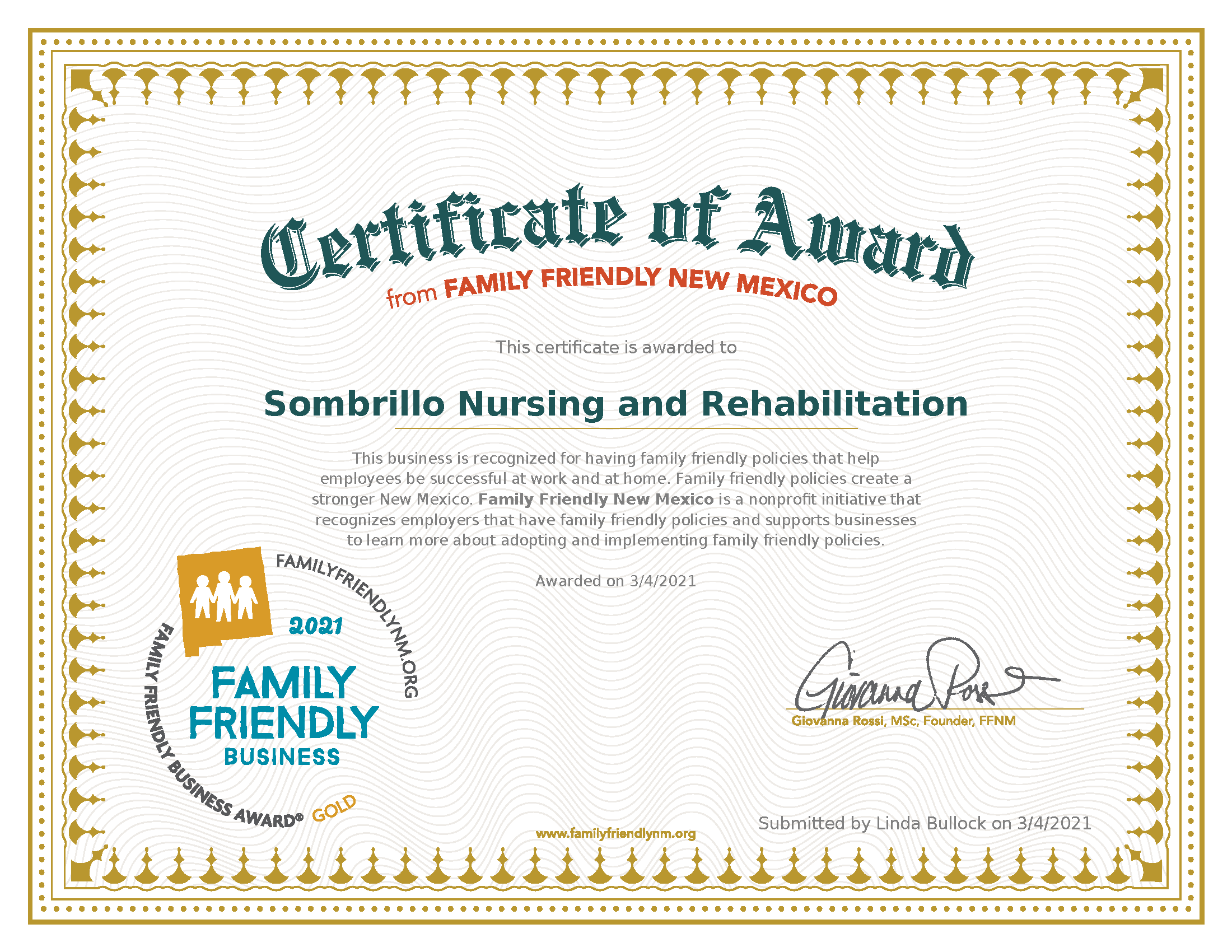 Sombrillo Recognized as a Gold Level Family Friendly Business Award Recipient!